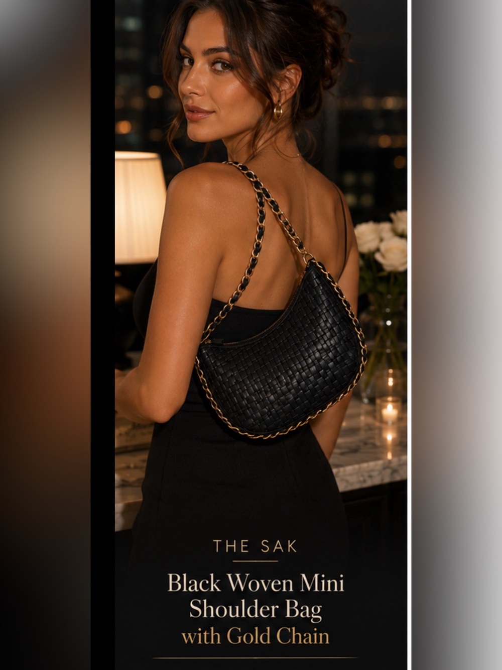 The Sak Black Woven Mini Shoulder Bag with Gold Chain